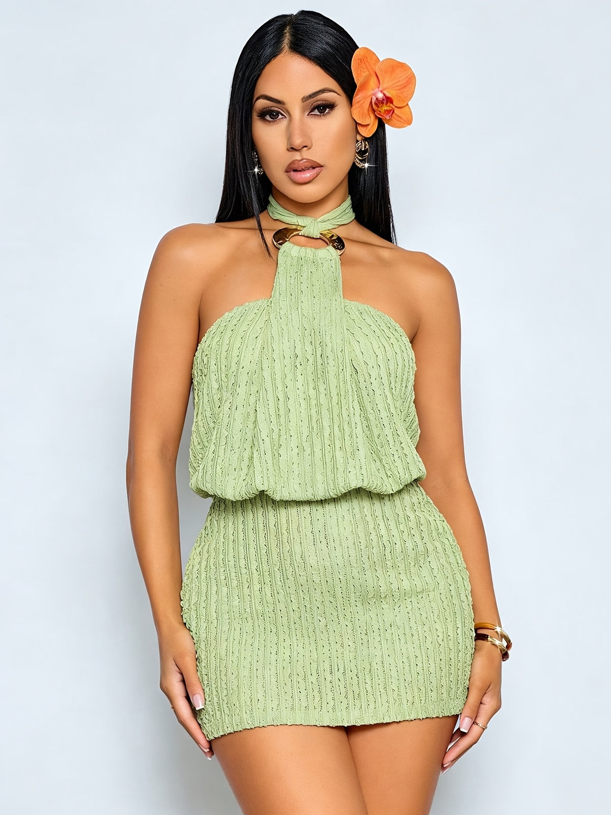 Women's Textured Halter Mini Dress Elegant Vacation Party