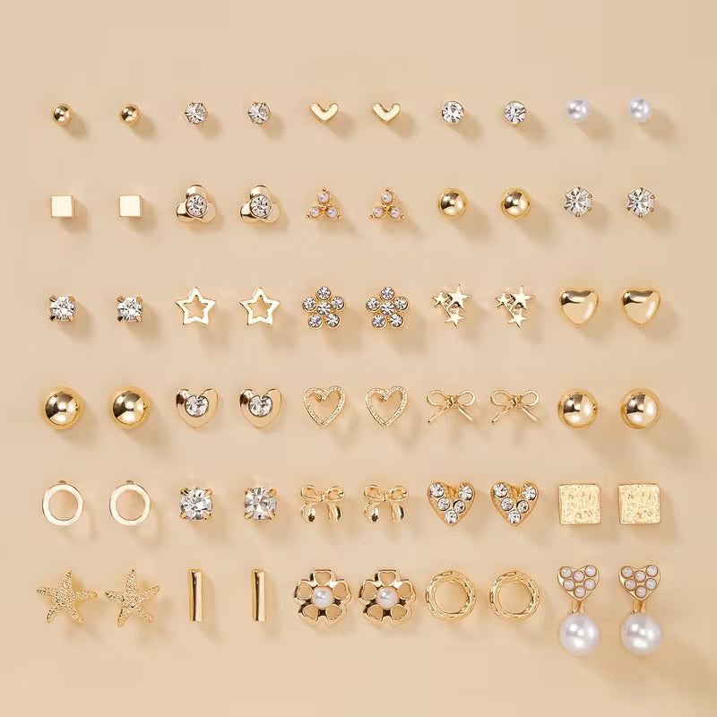 Women's Heart Bow Geometric Plated Glass 30-Pair Stud Earrings Set