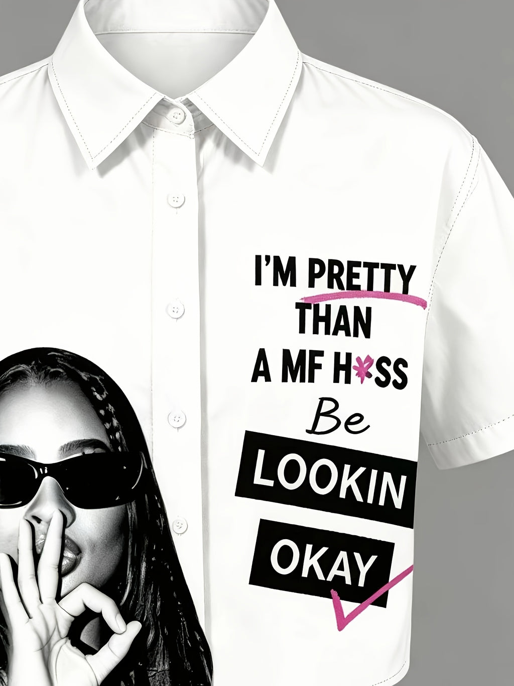 Women's Elegant OK Gesture Printed Lapel Collar Shirt