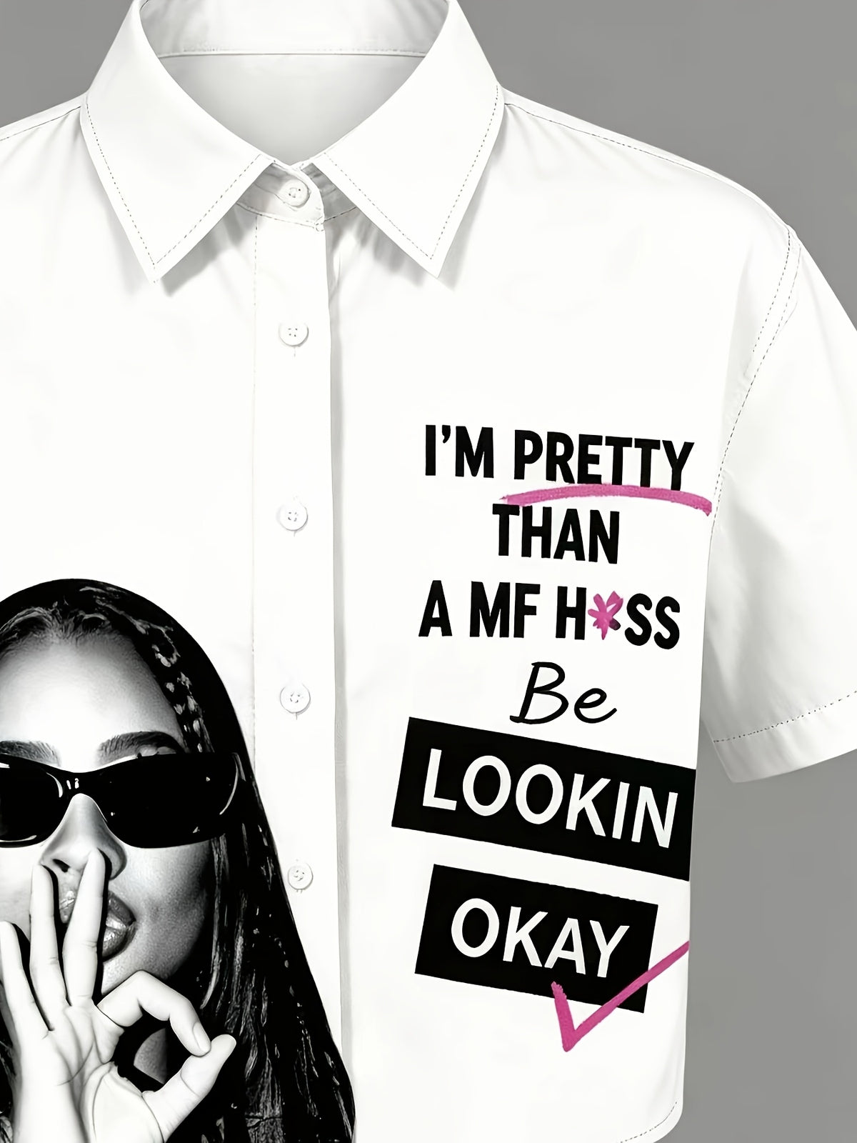 Women's Elegant OK Gesture Printed Lapel Collar Shirt