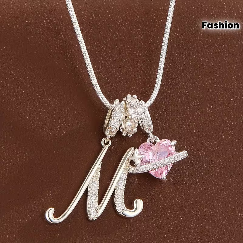 Women's Pink Heart Initial Letter Pendant Clavicle Chain Necklace Jewelry