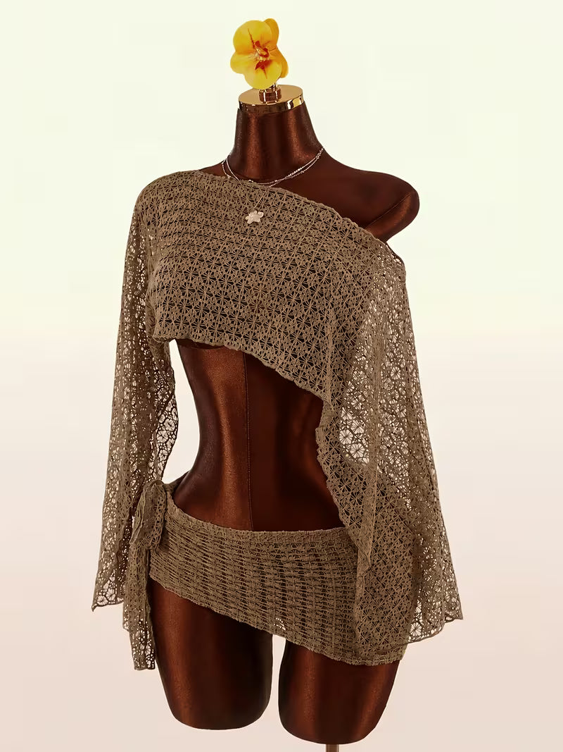 Women's Hollow Crochet Off-Shoulder Flared Sleeve Set