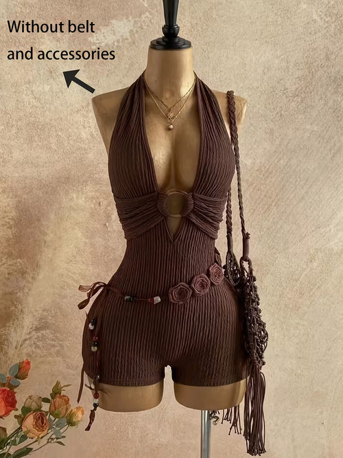 Women's Backless Deep V-Neck Ring Design Minimalist Solid Jumpsuit