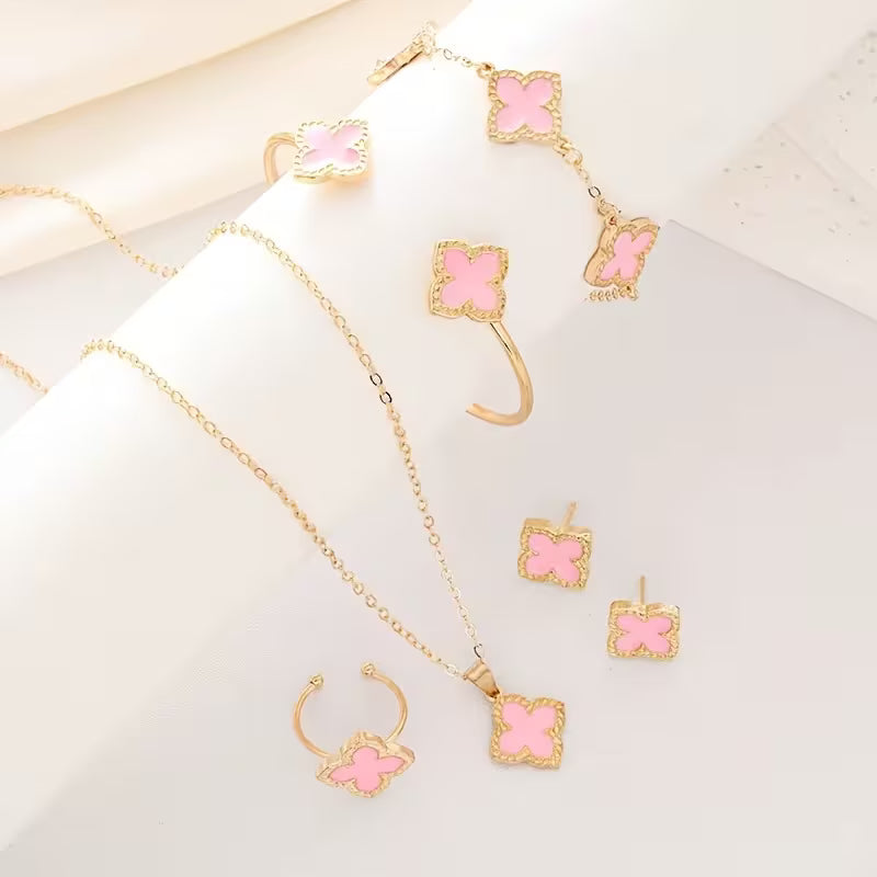 Women's Four-Leaf Clover Plated Matching Suite Bracelet Earrings Necklace Ring Jewelry Set