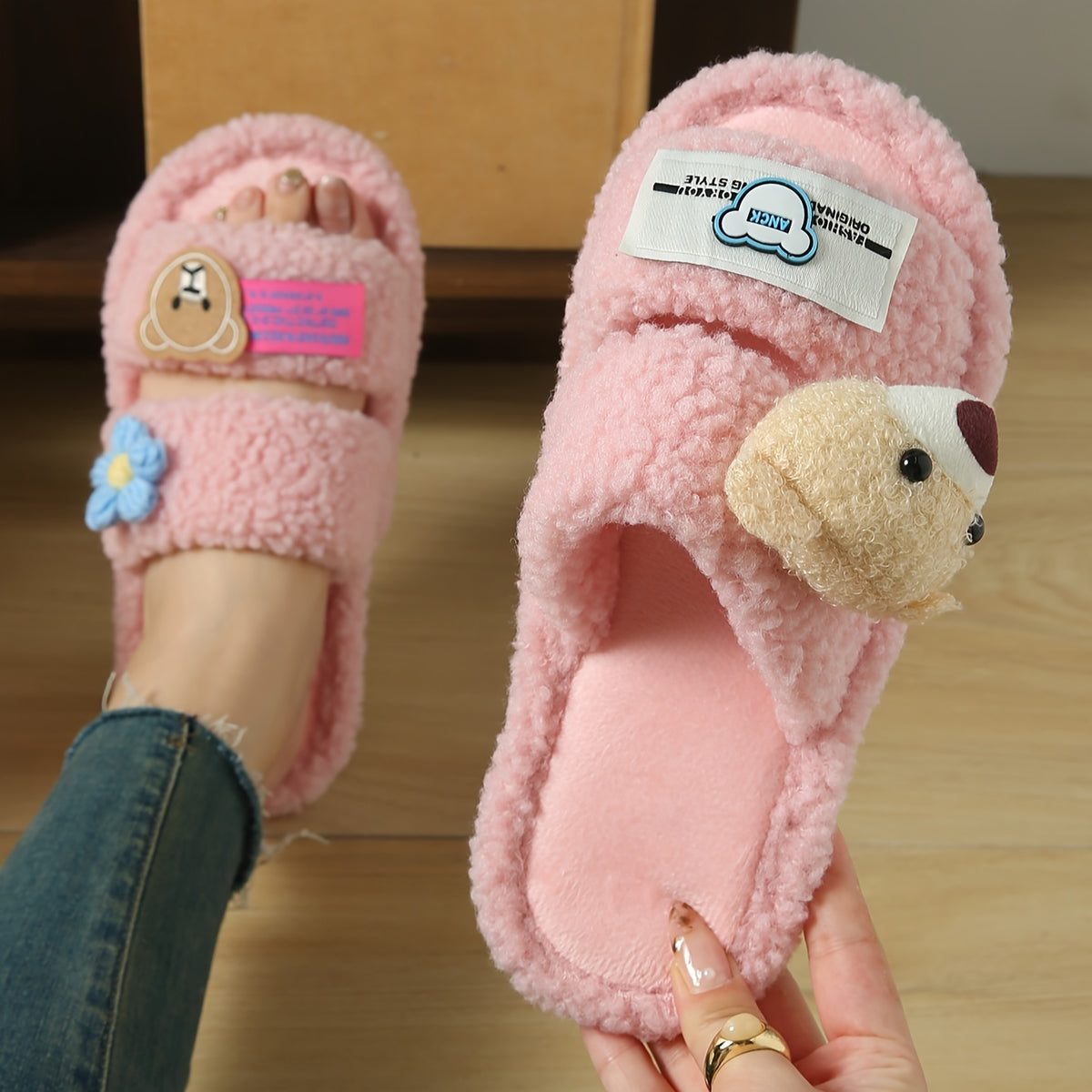Women's Fluffy Cartoon Bear Patch Flat Sole Slippers
