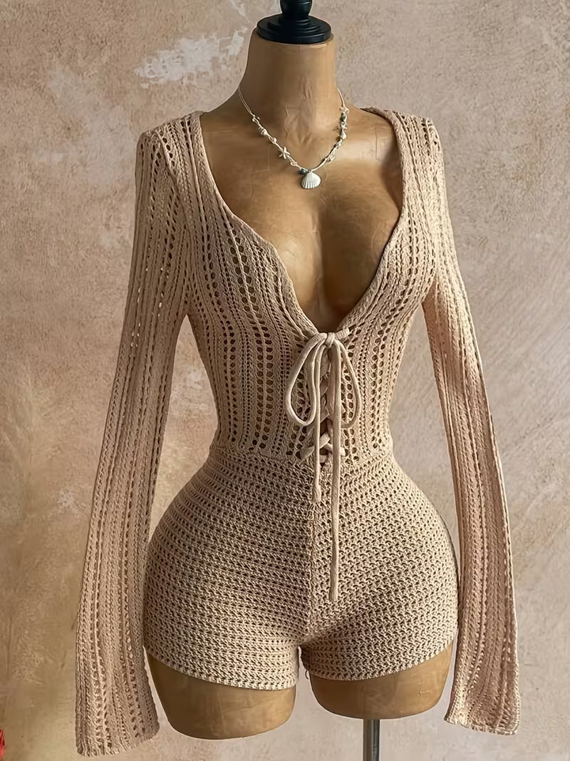 Women's Sexy V-Neck Hollow Backless Bandage Jumpsuit