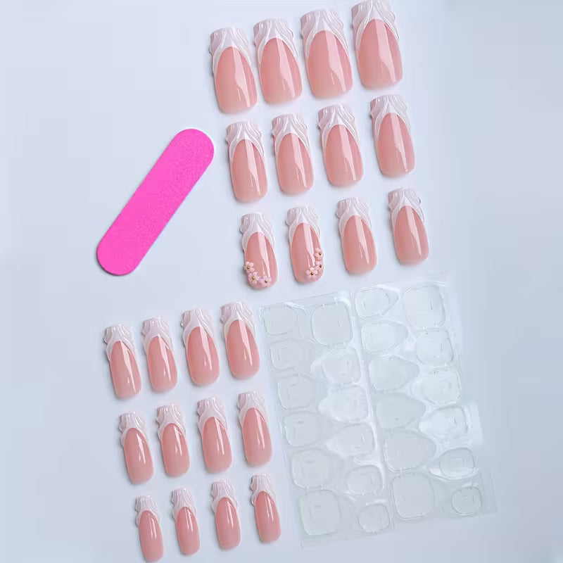 Women's 24-Piece Medium Square Flower Metal Bead Press-On Nails