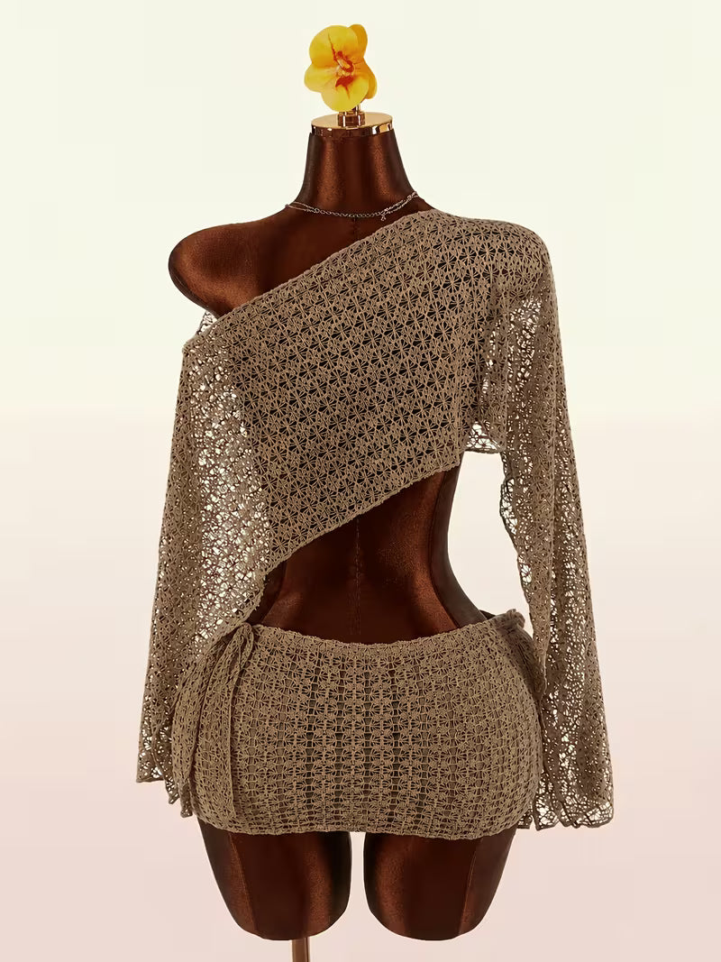 Women's Hollow Crochet Off-Shoulder Flared Sleeve Set