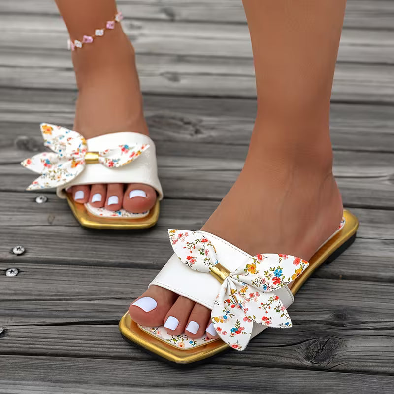 Women's Elegant Bow Knot Square Toe Flat Sandals