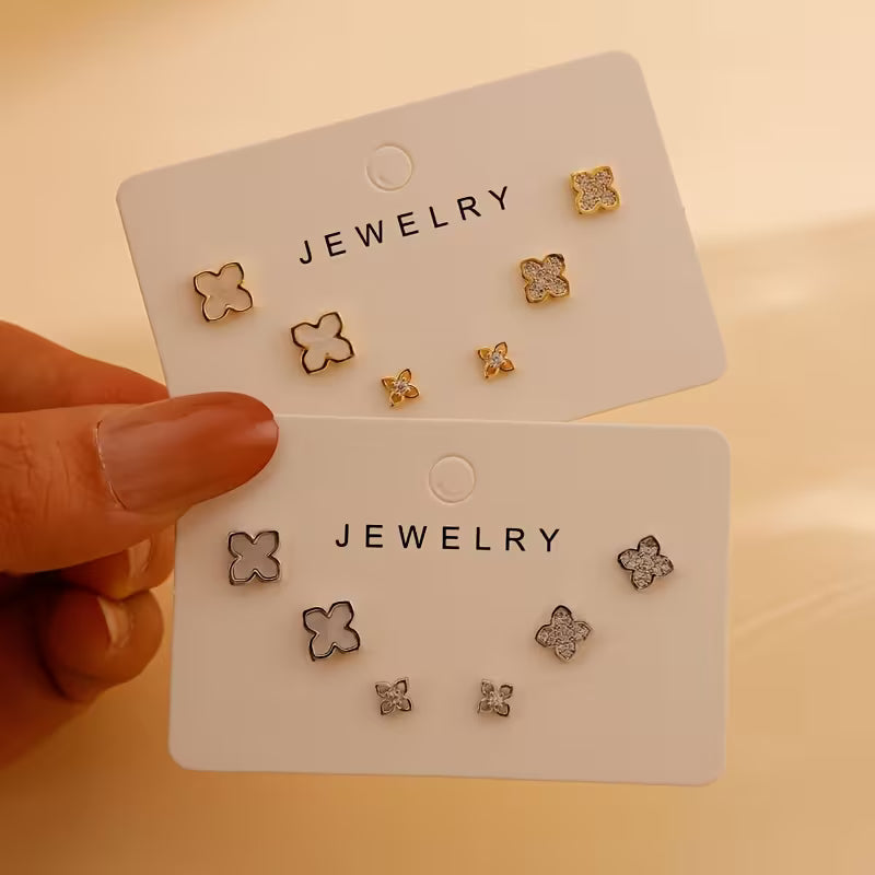 Women's Four-Petal Flower Plated Minimalist Studs Small Hoops Earrings Set