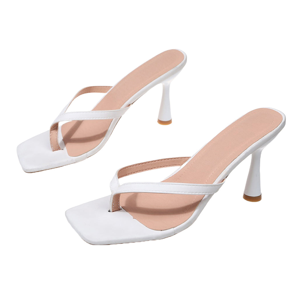 Women's Square Toe Thong Strap High Heel Mules
