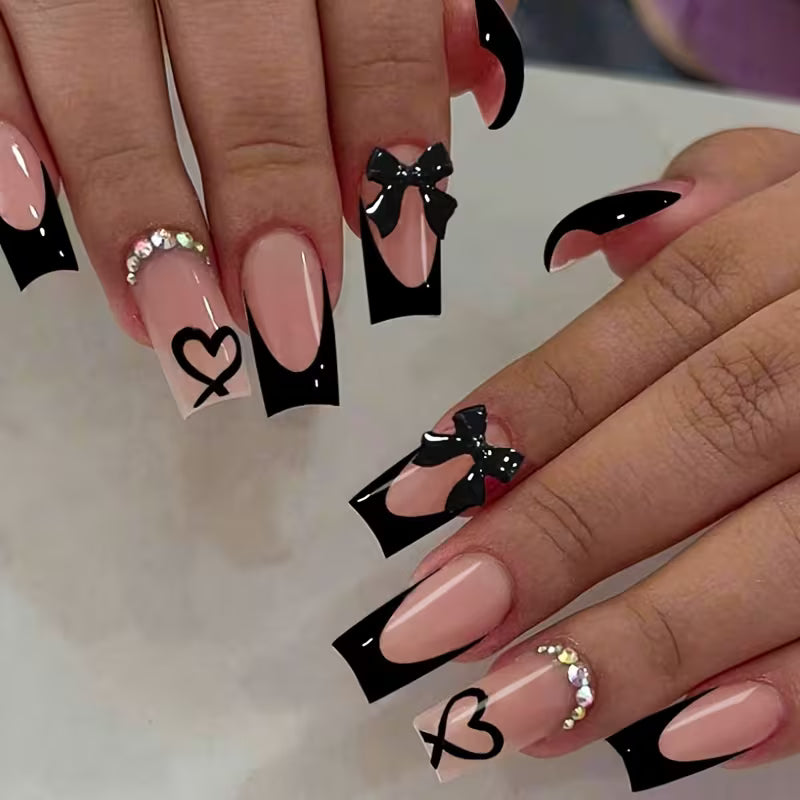 Women's 24 Pcs Press-On Nails Black French Tip Bow Design Square Medium