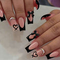 Women's 24 Pcs Press-On Nails Black French Tip Bow Design Square Medium