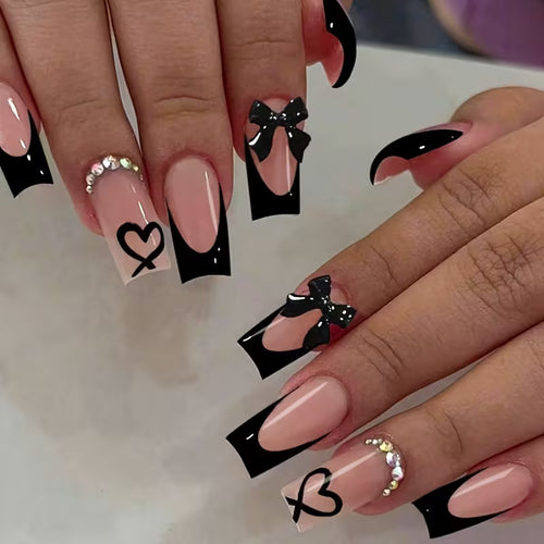 Women's 24 Pcs Press-On Nails Black French Tip Bow Design Square Medium