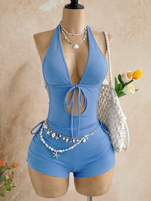 Women's Beach Vacation Halter Jumpsuit Hollow Drawstring Slim