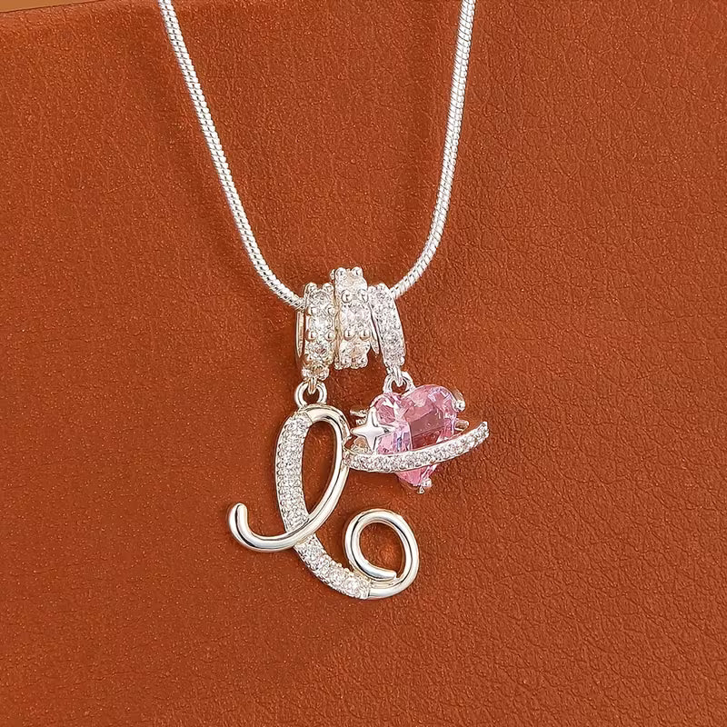 Women's Pink Heart Initial Letter Pendant Clavicle Chain Necklace Jewelry