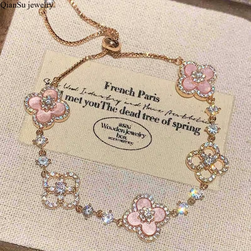 Women's Lucky Clover Charm Adjustable Rhinestone Bracelet Jewelry