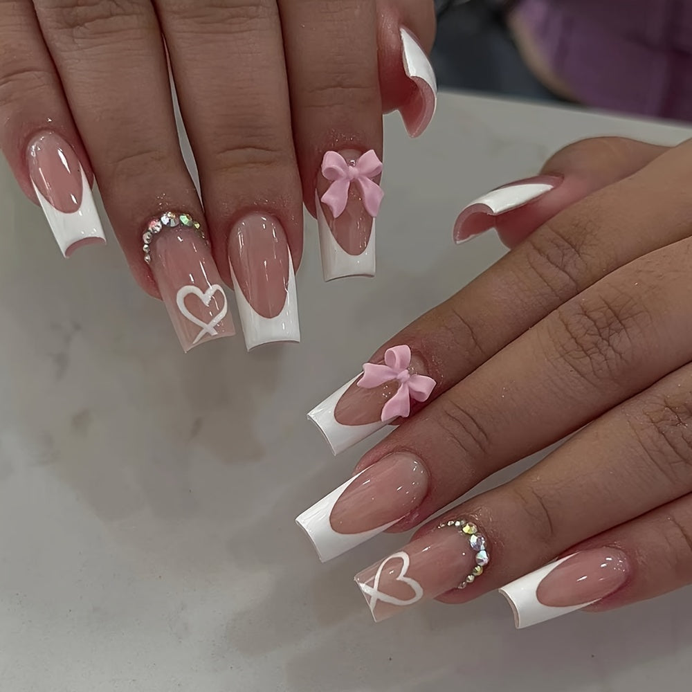 Women's 24-Piece Medium Long Square Rhinestone Bow Press-On Nails