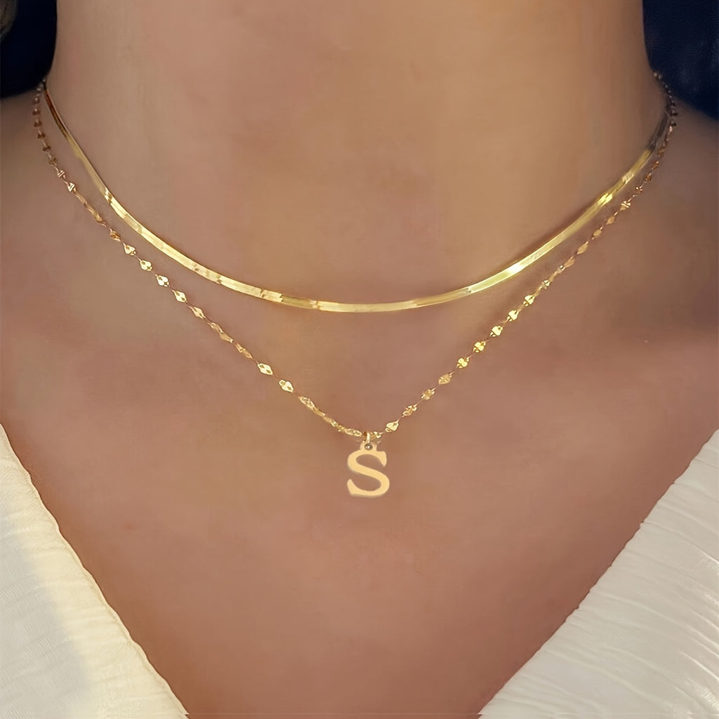Women's Letter Pendant Necklace Layered Golden Stainless Steel