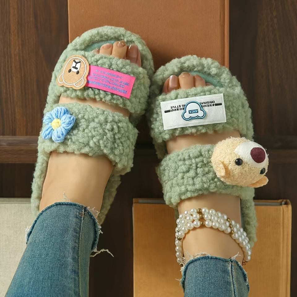 Women's Fluffy Cartoon Bear Patch Flat Sole Slippers