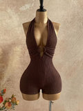 Women's Backless Deep V-Neck Ring Design Minimalist Solid Jumpsuit