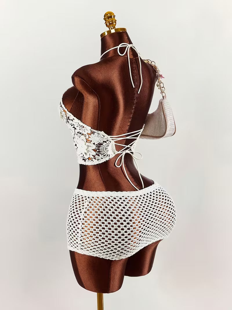 Women's Lace Halter Tie-Back Crop Top Mini Skirt Set
