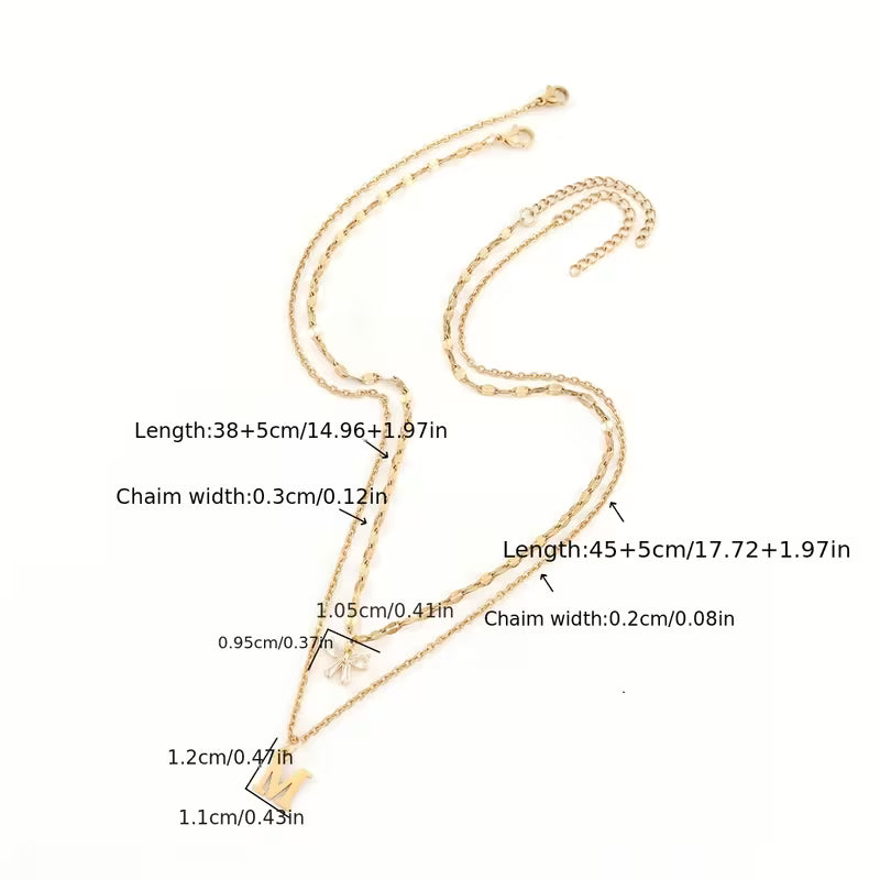 Women's Crystal Bow Initial Pendant Stainless Steel Lip Chain Necklace Set