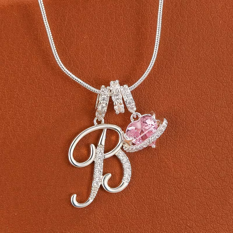 Women's Pink Heart Initial Letter Pendant Clavicle Chain Necklace Jewelry