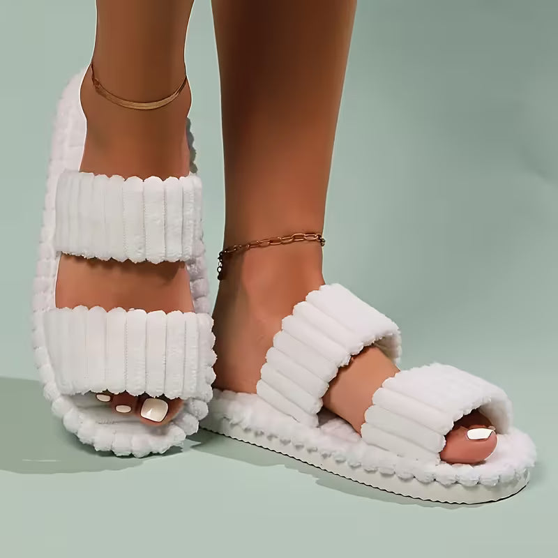 Women's Plush Half-Toe Slippers Striped Open-Toe Indoor Footwear