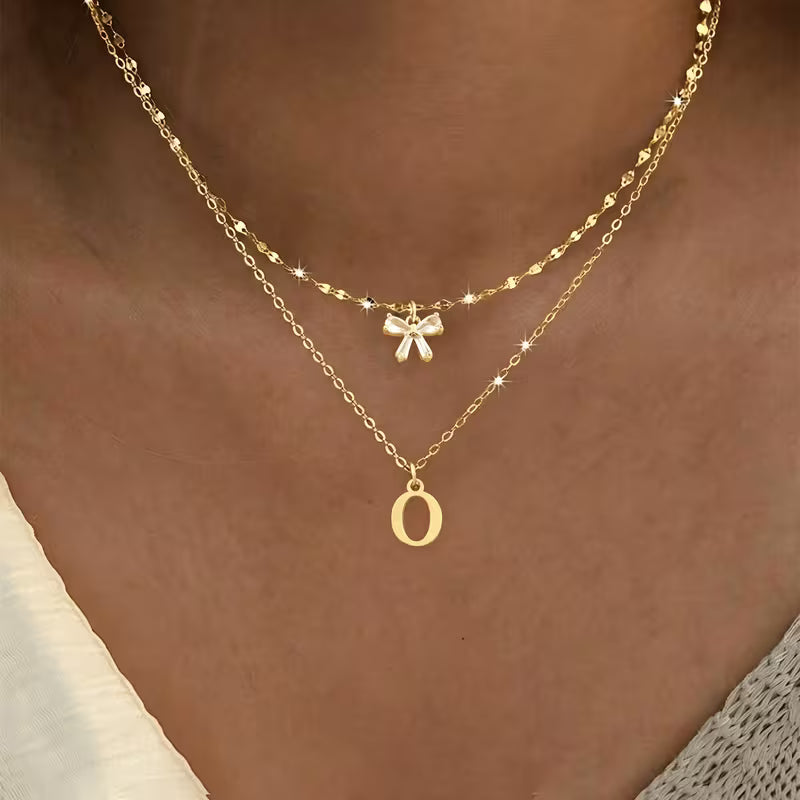 Women's Crystal Bow Initial Pendant Stainless Steel Lip Chain Necklace Set