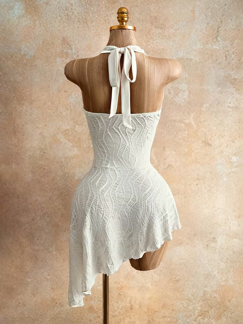 Women's Sexy Backless Halter Tie-Up Mini Dress Asymmetrical