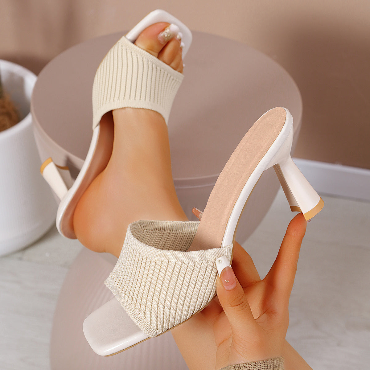 Women's Square Toe Chunky Heel Knitted Sandals