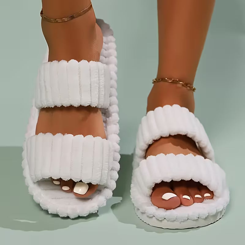 Women's Plush Half-Toe Slippers Striped Open-Toe Indoor Footwear