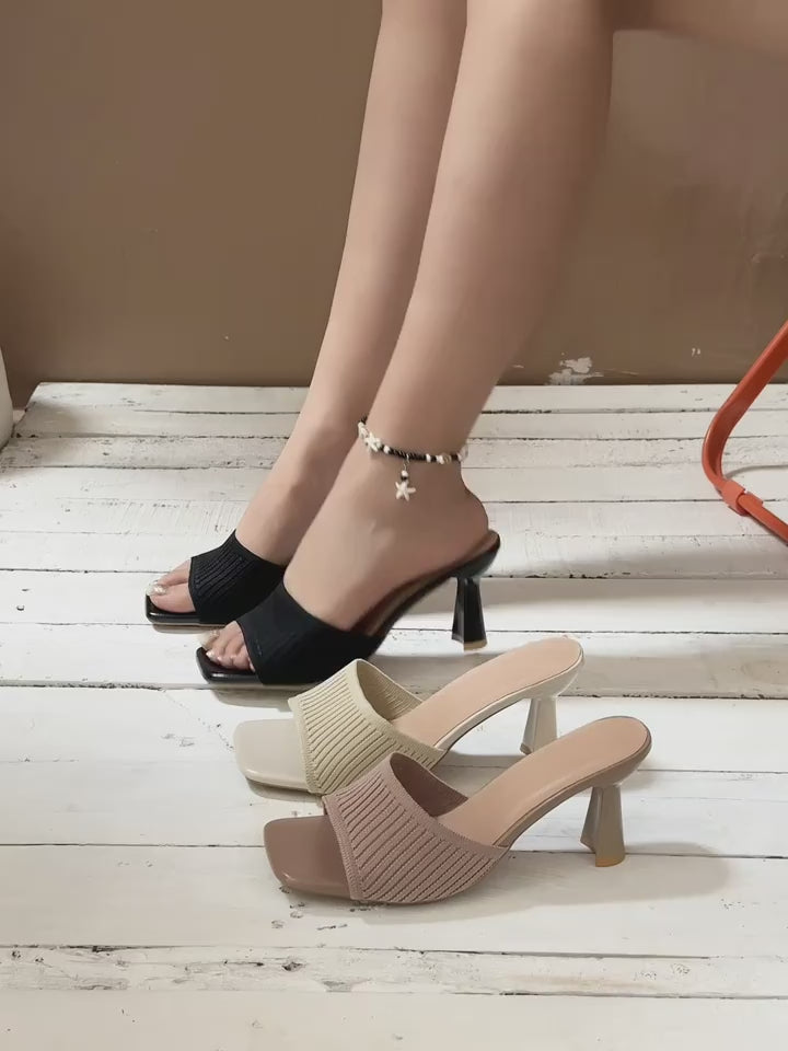 Women's Square Toe Chunky Heel Knitted Sandals